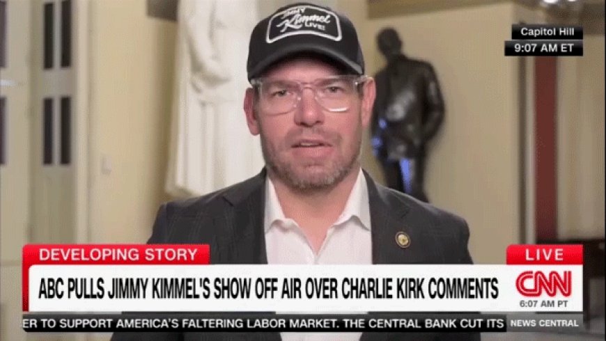 Eric Swalwell dons 'Jimmy Kimmel Live!' hat in solidarity for CNN interview