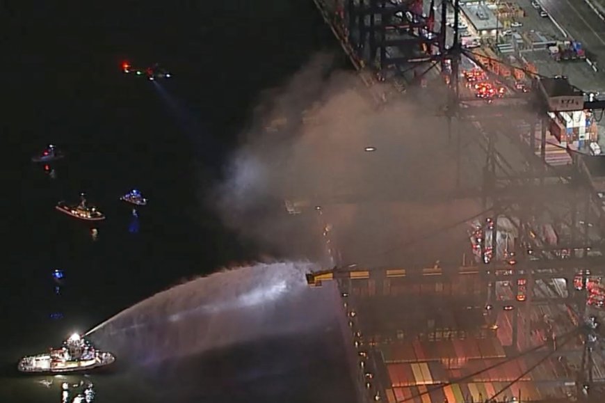 LA firefighters battle blaze on container ship carrying hazardous materials at port
