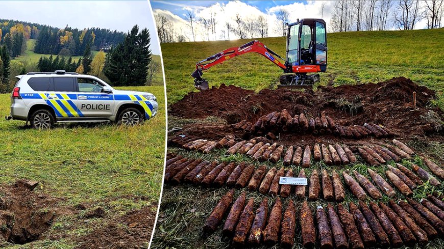 Father and son's metal detecting trip uncovers historic artillery cache in Czech forest
